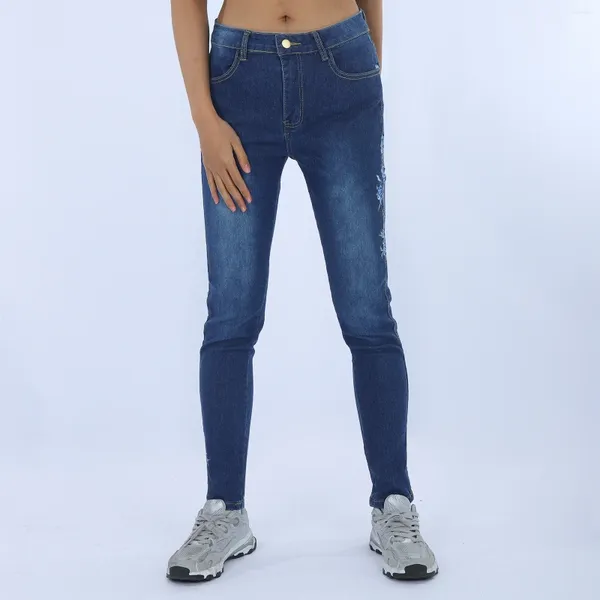 Damenhose, eng anliegend und an den Beinen bestickt, Damen-Elastizitätsfass mit hoher gerader Stickerei in Übergröße, elastische, schmale Jeans