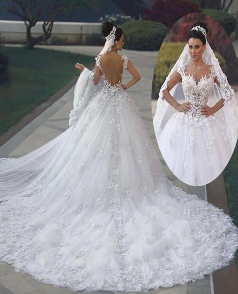 Ilusão de volta princesa uma linha vestido de casamento luxo rendas apliques longo vestido de baile vestido de noiva personalizado fazer vneck robe de mariee2599493