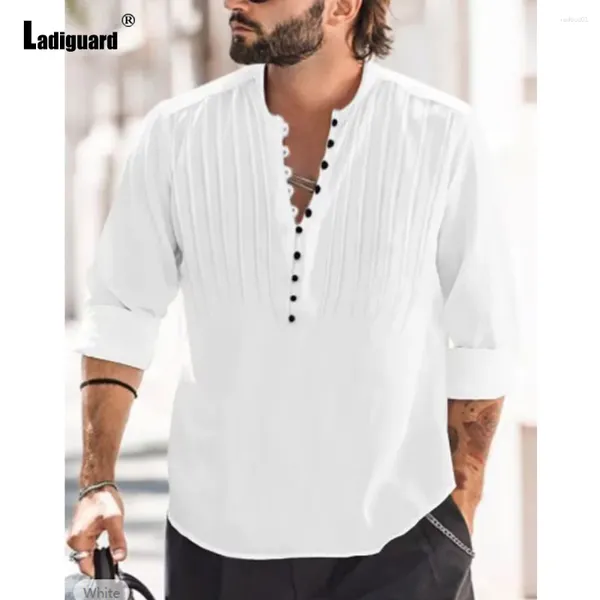 Camisas casuais masculinas sólido branco preto blusa de linho homens de manga comprida plissado plus size camisa masculina blusas hommes roupas 2024