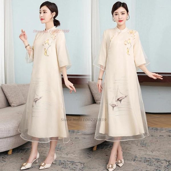 Abbigliamento etnico 2024 Abito popolare tradizionale cinese A-line Qipao Stampa floreale nazionale Cheongsam Festa serale per banchetti orientali