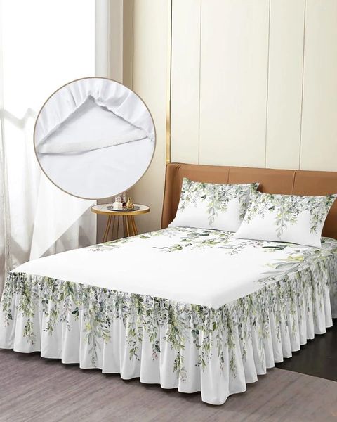 Юбка на кровать, акварель, зеленые листья, эластичное покрывало с наволочками, защитный чехол для матраса, комплект постельного белья, простыня