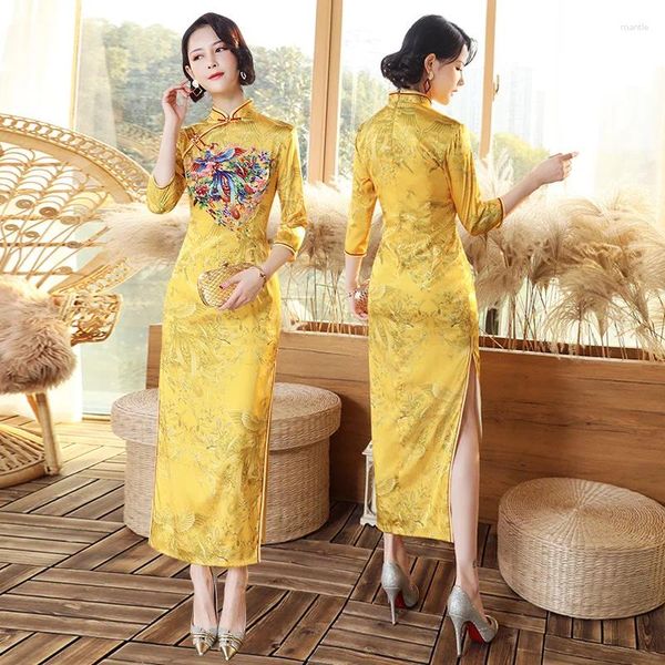 Ethnische Kleidung Damen Plus Size 5XL Qipao Gelb Langes Temperament Elegantes Cheongsam Traditionelles chinesisches Kleid Sexy Mode Satin Vestidos