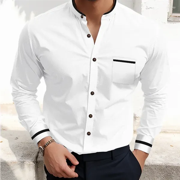Мужские классические рубашки Официальная рубашка на пуговицах Белая рубашка с длинным рукавом с цветным воротником-стойкой Весенняя офисная карьера Свадебная вечеринка Наряд с карманами