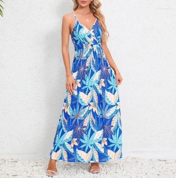 Freizeitkleider Damen Kleid 2024 Sommer Urlaub Mode Freizeit Sexy V-Ausschnitt Slim Fit Ärmellos Lang