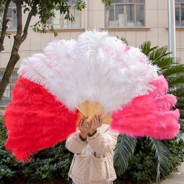 Estatuetas decorativas 1/2 pçs colorido pena de avestruz grandes fãs artesanato bonito ventilador dobrável à mão carnaval palco dança plumas decoração