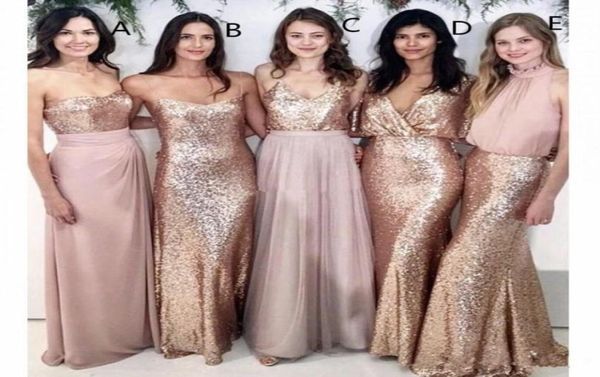 Abiti da damigella d'onore da sposa da spiaggia rosa cipria modesto con paillettes in oro rosa non corrispondenti Abiti da damigella d'onore da donna Abiti da festa formali3949787