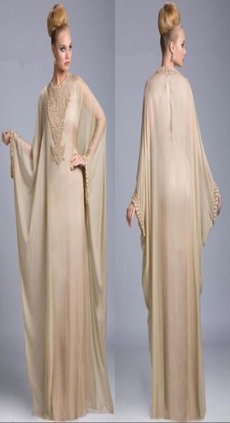 2019 economici Champagne Abaya Dubai caftano islamico chiffon di cristallo arabo abiti da sera maniche lunghe in rilievo vestito da ballo abiti del partito 4431804