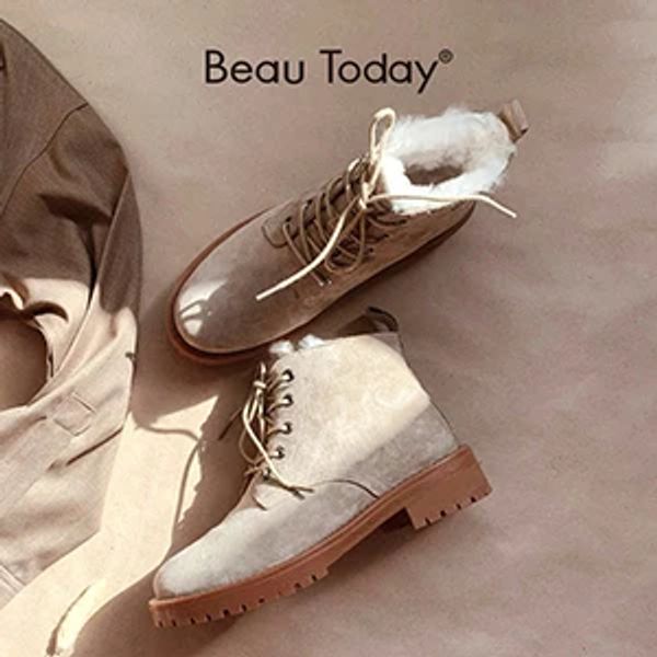 Botas beautoday lã botas de neve feminino de couro genuíno redonda de canceldas de canceldas de inverno ladies tornozelo sapatos feitos à mão 03281