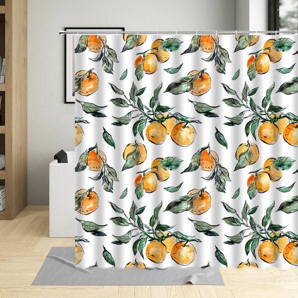 Tende da doccia Tenda con foglie di boschetto di arancio Tessuto in poliestere impermeabile Decorazioni per il bagno Frutti tropicali Stampati appesi con ganci