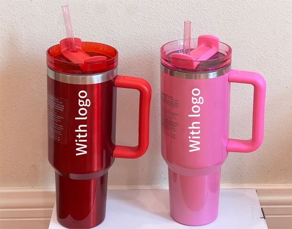 Echter 1:1 Stern rosa rot 40oz Quencher Tumblers Cosmo Parade Flamingo Co-Branded Valentinstag Geschenkbecher 40oz Edelstahl FlowState Quencher rosa Deckel Stroh Autobecher