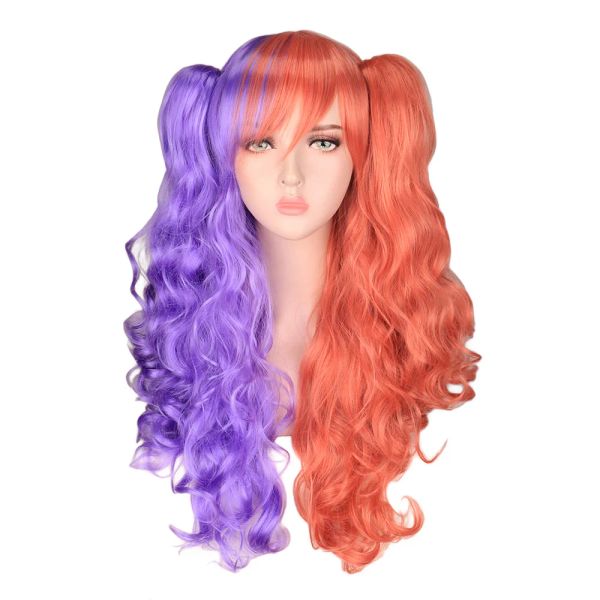 Perücken QQXCAIW Langes Wellen -Cosplay -Perücken lila rosa Ombre Schwarz weiß hitzebeständiger synthetischer Haarperücken mit zwei Pferdeschwänzen