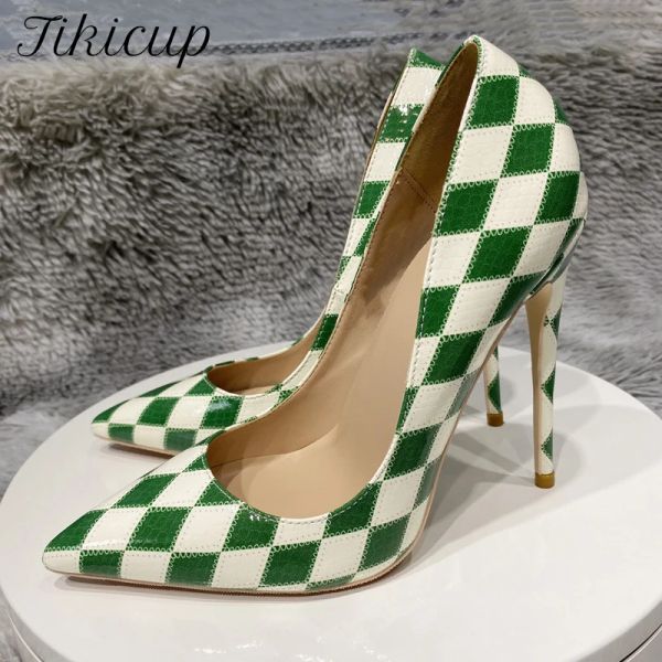 Boots Tikicup зеленый белый клетчатый эффект крокодилового эффекта женщин заостренные носки высокие туфли на каблуках 12 см 10 см 8 см модельер -дизайнер с стилевыми насосами