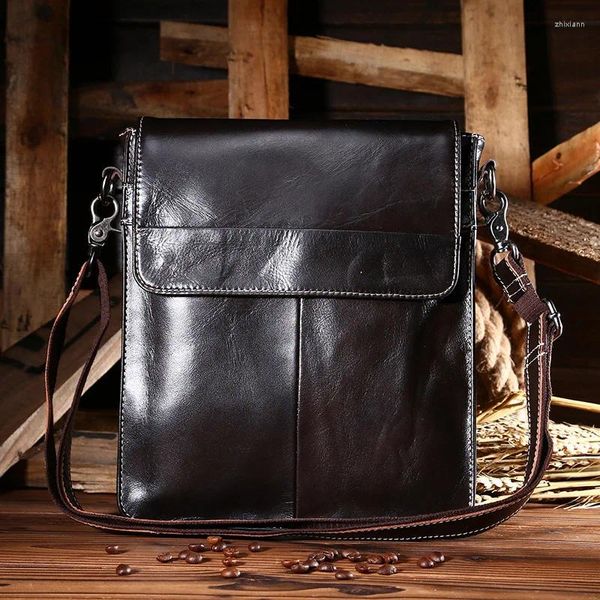 Saco de cera de óleo sólido split couro masculino ombro crossbody bolso retro homens mensageiro packs maleta