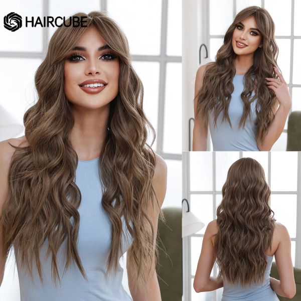 Perücken Haircube lange braune synthetische Perücken mit Pony Long Wavy Layered Hair Perücken für Frauen Weihnachtsfeier Fashion hitzebeständige Perücken