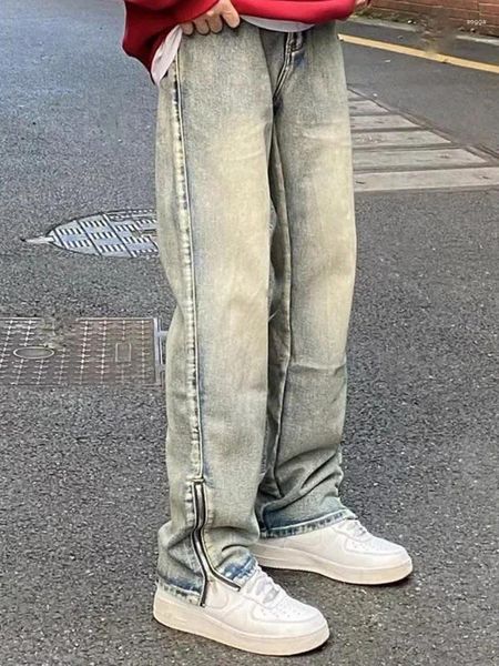 Pantaloni jeans da uomo con spacchi cerniera pantaloni da cowboy da uomo neri dritti 2024 moda cotone elegante coreano autunno estate originale