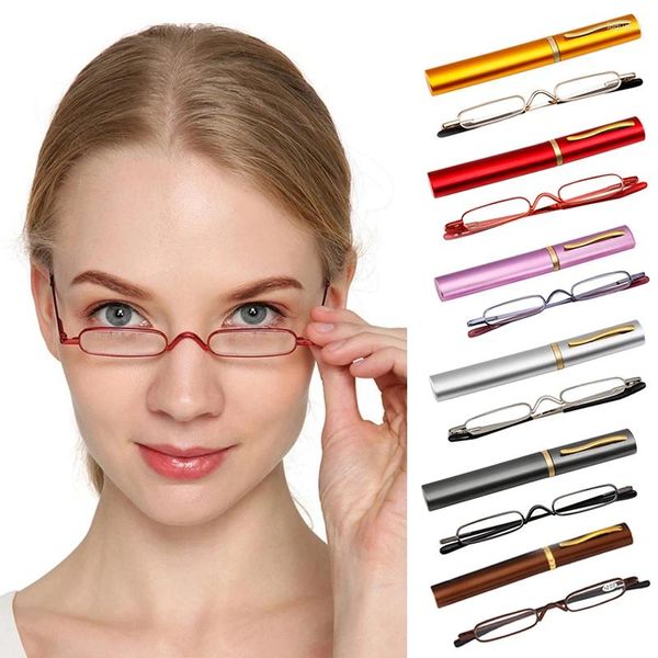 Güneş Gözlüğü Okuyucuları Presbyopia Gözlük Gözlükleri Metal Kılıf İnce Mini Okuma Taşınabilir Çerçeve Retro Unisex Cep