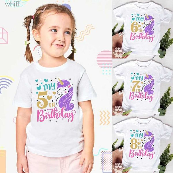 T-shirt Cartoon Unicorn stampato Kids Girls Summer Birthday T-shirt T-shirt manica corta Taglia 1-8 anni Bambini Vestiti da festa Tees TopsC24319