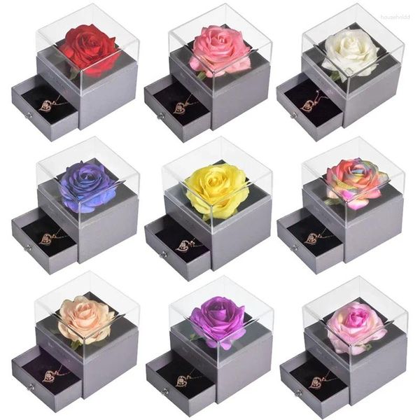 Dekoratif Çiçek Hediyeleri Kız Arkadaşı için Uygulamalı Çiçek Ebedi Gül Takı Kutusu 100 Diller Seni Seviyorum Kolye Düğün Sevgililer Hediyesi