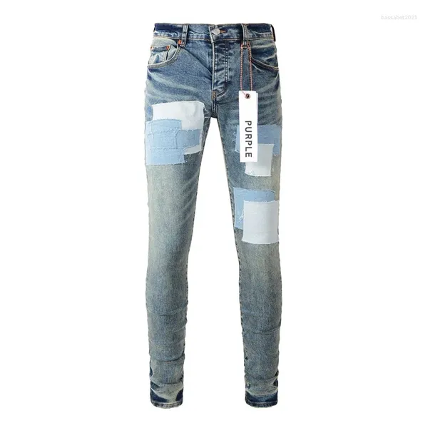 Pantaloni da donna Jeans di marca viola Denim con toppe di High Street realizzate con vecchie toppe di riparazione in tessuto a vita bassa skinny