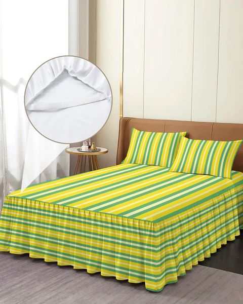 Saia de cama geométrica amarela verde listras elástica colcha com fronhas capa de colchão conjunto de cama lençol