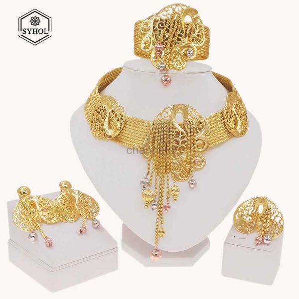 Bangle jóias para mulheres colar conjunto brasileiro banhado a ouro 24k colar de cobre puro colar de casamento de luxo para presente feminino 240319
