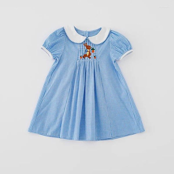 Mädchen-Kleider, kariertes Kleid für Babys, mit aufgesticktem Kaninchen, Kleinkind-Sommerkleidung, 2–7 Jahre