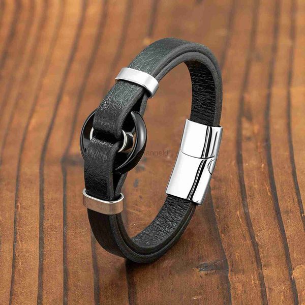 Armreif Neue natürliche schwarze Achat hohle runde Anhänger Kreuz Schmuck Herren Armband 316L Edelstahl Armband doppelte schwarze Lederverbindung 240319