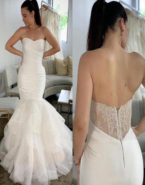 2021 Abiti da sposa a sirena in raso senza spalline con applicazioni con scollo a cuore Sweep Train Tulle Abiti da sposa senza schienale8236171