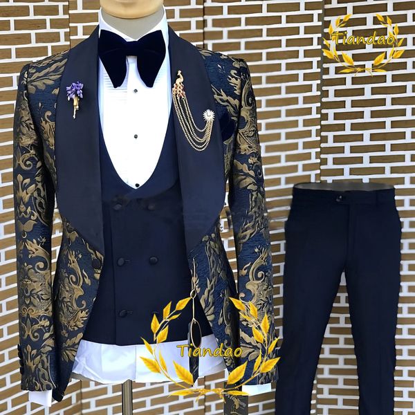 Gold Pattern Men Suit pantaloni giubbotto da 3 pezzi set da sposa da sposa smoking formale festa di moda blazer 240312