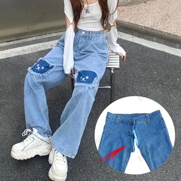 Jeans da donna invisibile con apertura sul cavallo Patch per il sesso all'aperto Ms Pantaloni a gamba dritta Pantaloni in denim blu retrò casual a vita alta carini