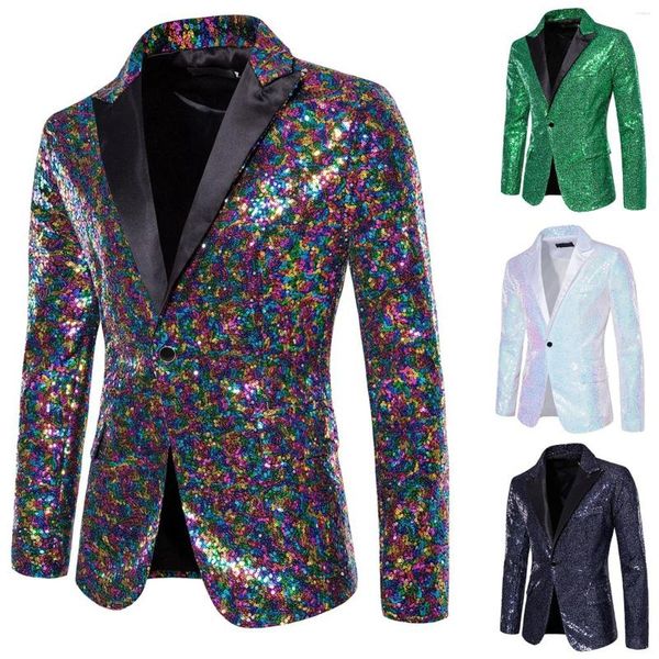 Ternos masculinos Moda Menina Luxuosa Jaqueta de terno de lantejoulas Verde / prata KTV Dress Stage vestido masculino Blazer Coat Glitter embelezado embelezado