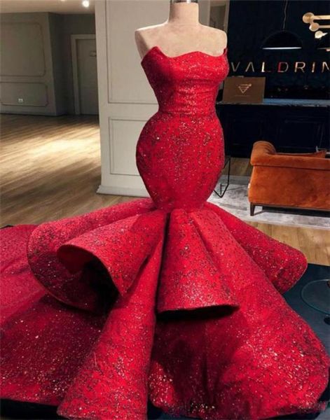 Romantische rote Meerjungfrau, herzförmiger Satin, formelle Abendkleider, Spitze, Pailletten, lange Ballkleider, Festzugskleider 2019, Neu 7580026
