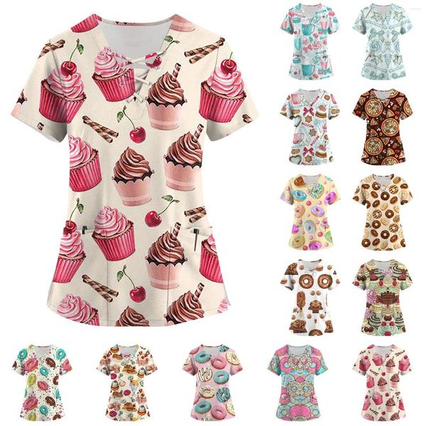 Magliette da donna Modello simpatico cartone animato Uniforme Donna Dessert Stampa Scrub Camicetta da lavoro a maniche corte Top da allattamento