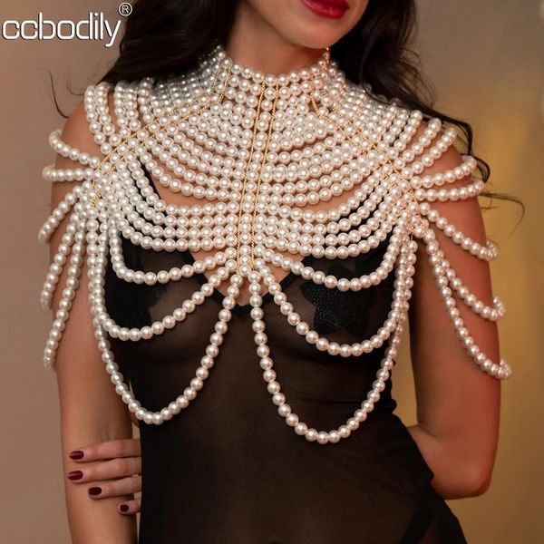 Sexy Womens Pearl Body Chains Bra Shawl Moda Ajustável Tamanho Ombro Colares Tops Chain Wedding Dress Pearls Body Jewelry 240305