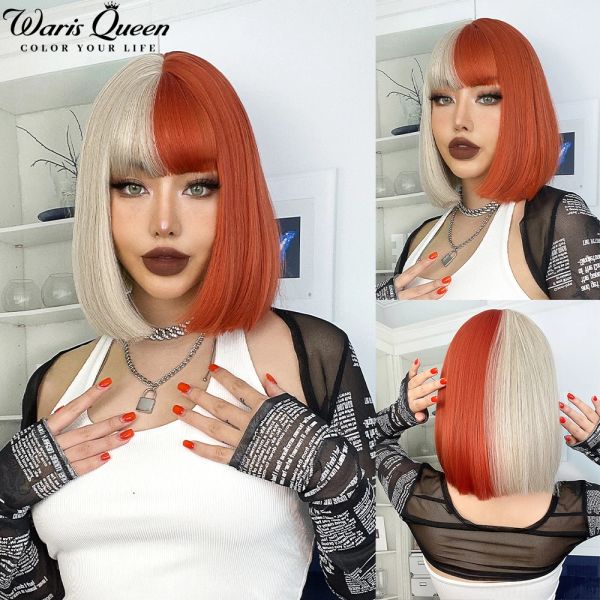 Perucas loira vermelha curta bob peruca sintética para mulheres com franja lolita cosplay festa cabelo natural perucas de fibra resistente ao calor
