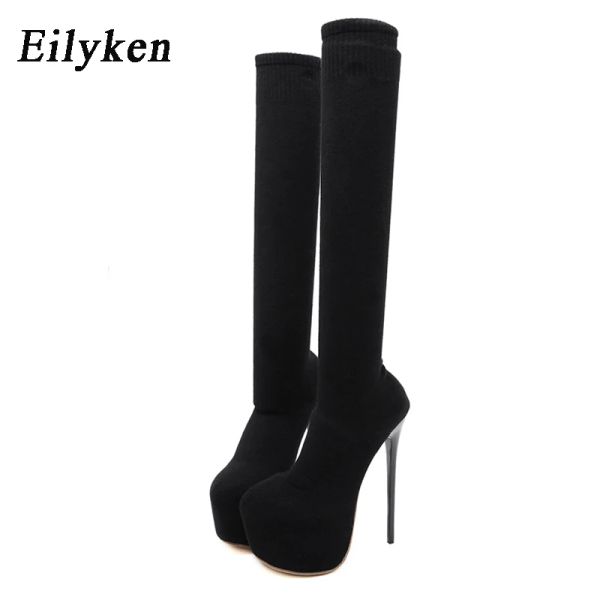 Stiefel Eilyken 17 cm Plattform Heels Frau über Knie Winterstiefel Damen Schwarz Stricken runde Zehen Oberschenkel hohe Long Socken Lady Schuhe