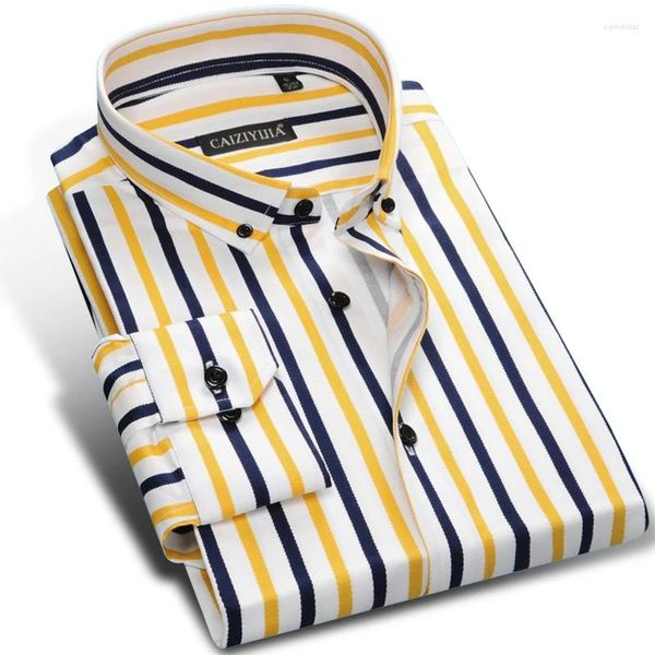 Camisas casuais masculinas estilo inglaterra vestido listrado vertical sem bolso botão-para baixo manga longa camisa padrão de fácil cuidado