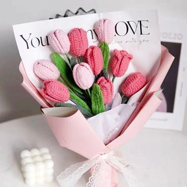 6 pezzi Tuilp lavorati a mano all'uncinetto fiori artificiali in cotone matrimonio decorazione fatta in casa decorazioni per la casa desktop bouquet regalo di compleanno