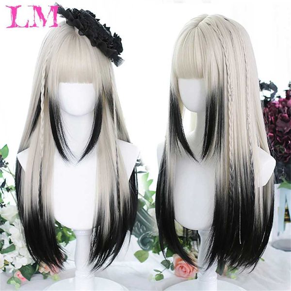 Parrucche sintetiche LM Parrucca sintetica bianca Ombre nera per le donne Parrucche ondulate lunghe ricce con frangia Capelli resistenti al calore per feste cosplay 240328 240327