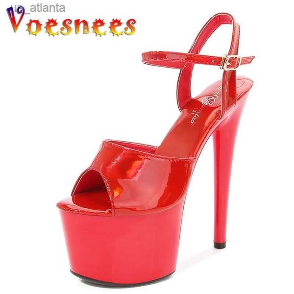 Elbise ayakkabıları kadınlar seksi gösteri sandaletler 15 17 20cm yüksek topuklu lazer parlak boya deri platformu renkli striptizci pompalar kız ayakkabı parti kulübü için h240325