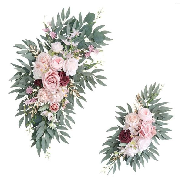 Flores decorativas 2 pçs arco de casamento flor folhas arranjo floral swag artificial para cadeira janela pano de fundo cerimônia caramanchão