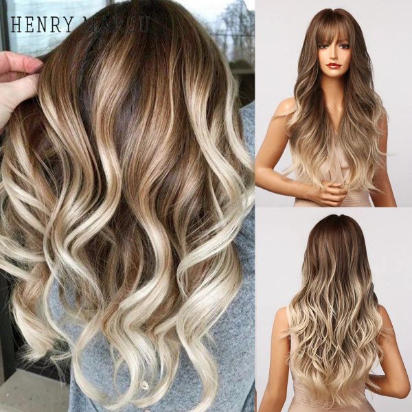 Perücken HENRY MARGU Braun Weiß Asche Grau Blonde Ombre Synthetische Perücken für Schwarze Frauen Afro Lange Wellenförmige Perücke mit Pony Lolita Cosplay Perücken