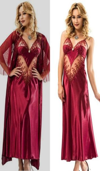 Roupões de casamento vermelhos de duas peças, alça espaguete, sem mangas, apliques de renda, dama de honra, cetim, seda, franzido, transparente, vestido de noite for6421218