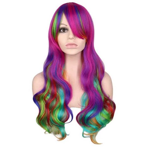 Synthetische Perücken Cosplay Perücken Regenbogen Bunte synthetische lange lockige Haarperücke Cosplay Party Frauen Hochtemperaturperücken 240328 240327