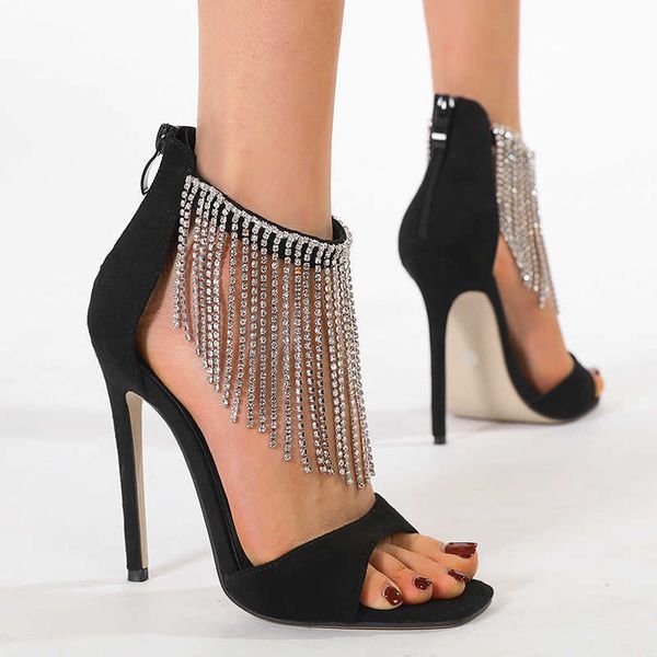 Mode Sommer HBP Strass Nicht-Marke Kristall Quaste Sandalen Frauen Nachtclub Stiletto Wrap Strap Peep Toe High Heels