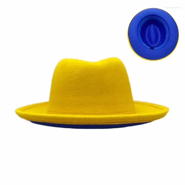 Berretti Donna Giallo Blu Patchwork Aggraffatura a tesa larga in lana Jazz Cappelli Fedora Panama Trilby Cap Tendenza Cappello da giocatore all'ingrosso