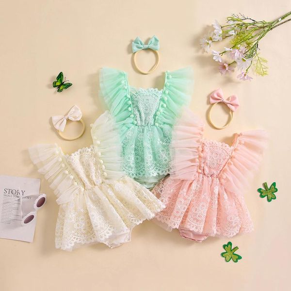 Pagliaccetti Summer Infant Baby Girl Outfits Ruffle senza maniche Body in pizzo Abito Fascia per capelli Set di vestiti