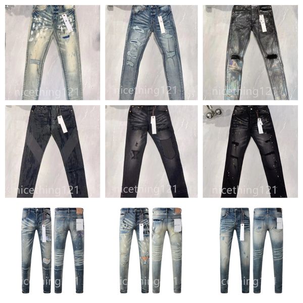 Jeans viola firmati da uomo jeans alla moda motociclisti strappati invecchiati denim da donna High Street Paint modello graffiti pantaloni skinny strappati danneggiati