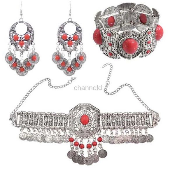 Armreif Gypsy Halskette Armband Ohrring Sets für Frauen Boho Hippie Münze Quaste Rot Blau Türkischer Stein Tribal Schmuck Set Party Geschenk 240319