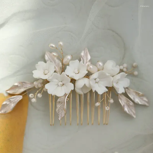 Fermagli per capelli Fiori in ceramica fatti a mano Pettine da sposa Accessori da sposa con perle di alta qualità